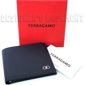 FERRAGAMO blue Pebbled leather metal GANCINI logo Coin Pouch bifold wallet NIB🎁